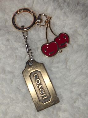 COACH Gold Brass Hangtag With Red Unbranded Cherry Enamel Keychain vintage Rare